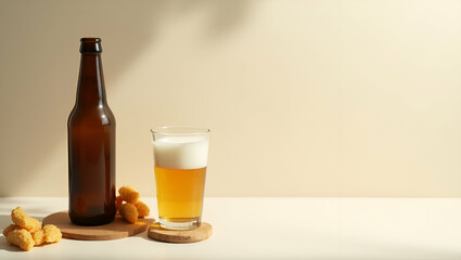 Minimalist beer flatlay featuring sleek bottle design crisp glass coaster snack accents negative space editorial aesthetic social media ready in  Photo Stock  Concept  and empty space on the left side