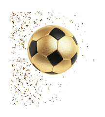 Obraz premium Golden soccer ball with sparkling confetti particles celebrating achievement
