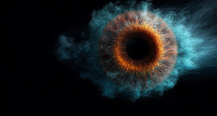 Cosmic eye emerging from darkness, combining abstract elements, vibrant energy, and celestial symbolism. This image evokes themes of perception, mystery, and universal connection