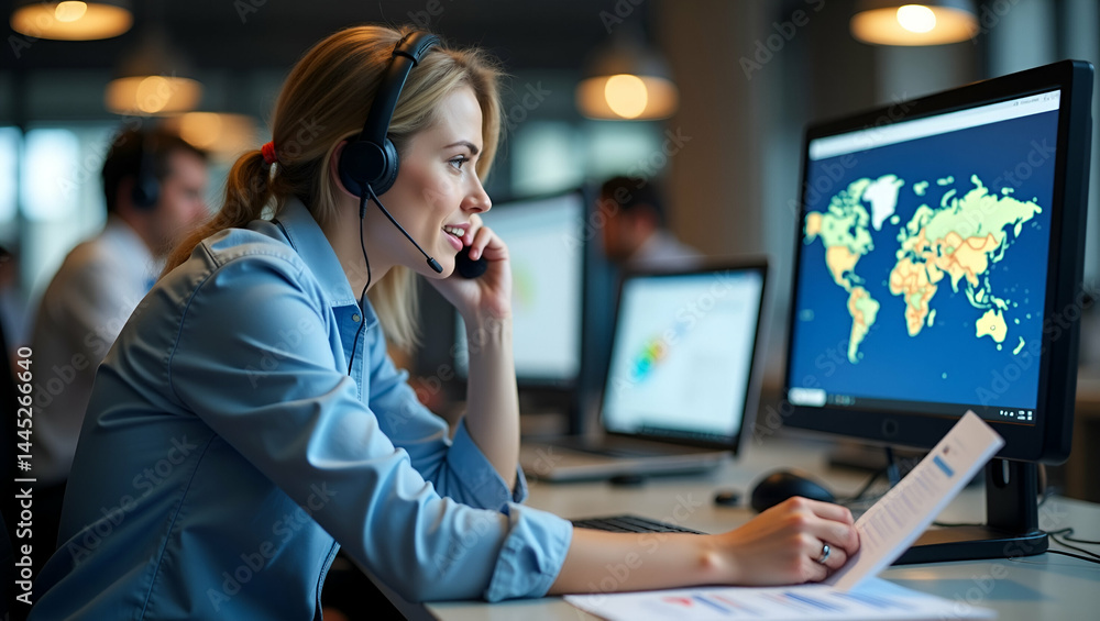 Poster office employee juggling conference call on headset, annotating reports, monitoring dual monitors in