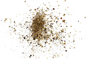 Scattered pile black ground pepper isolated on a transparent background. Completely in focus. Full depth of field. Top view. PNG.