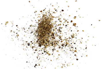 Scattered pile black ground pepper isolated on a transparent background. Completely in focus. Full depth of field. Top view. PNG.