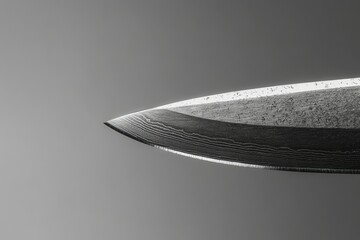 Close-up of a sharp, handcrafted knife blade showcasing intricate damascus steel pattern. © stockphoto02