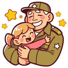 Old veteran lovingly hugged by a small child girl, loving father or grandfather in military service with daughter, doodle cartoon character, kawaii isolated cute clean and simple vector illustration