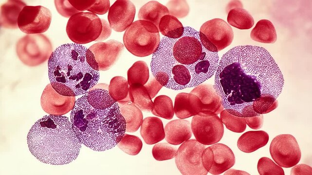 Microscopic image showing numerous red blood cells and stained leukocytes for medical diagnosis and hematology studies.