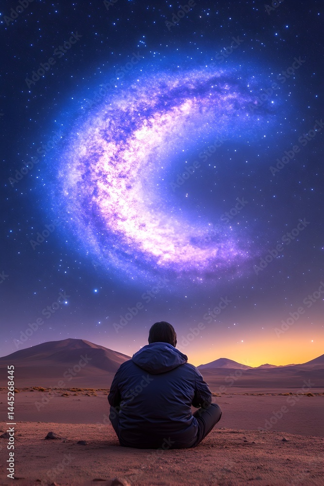 Wall mural a lone figure meditates in a desert, gazing at a crescent-shaped nebula in a starlit sky