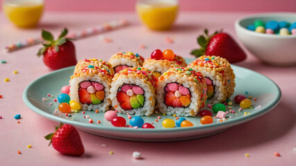 Cute candy sushi rolls with colorful sweets and strawberries on pastel plate