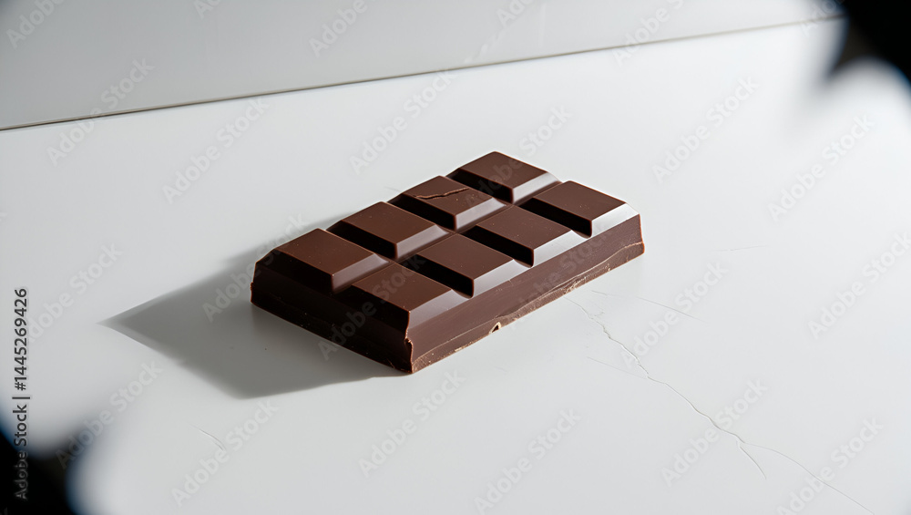 Poster close-up of a classic milk chocolate bar placed on a white background, emphasizing its glossy surfac