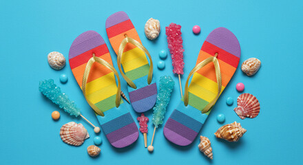 colorful flip flops on wooden background