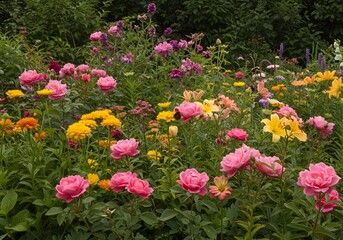 Fototapeta premium Lush Floral Garden Pink Roses, Yellow Lilies, Marigolds, and Mixed Flowers in Bloom, Green Foliage.