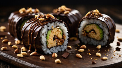 Chocolate dessert sushi rolls with peanut butter and nuts