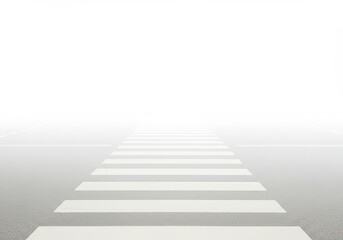 Obraz premium White pedestrian crossing on a road in the fog. Driving in low visibility conditions. Danger on highway concept for road safety campaigns and public awareness.