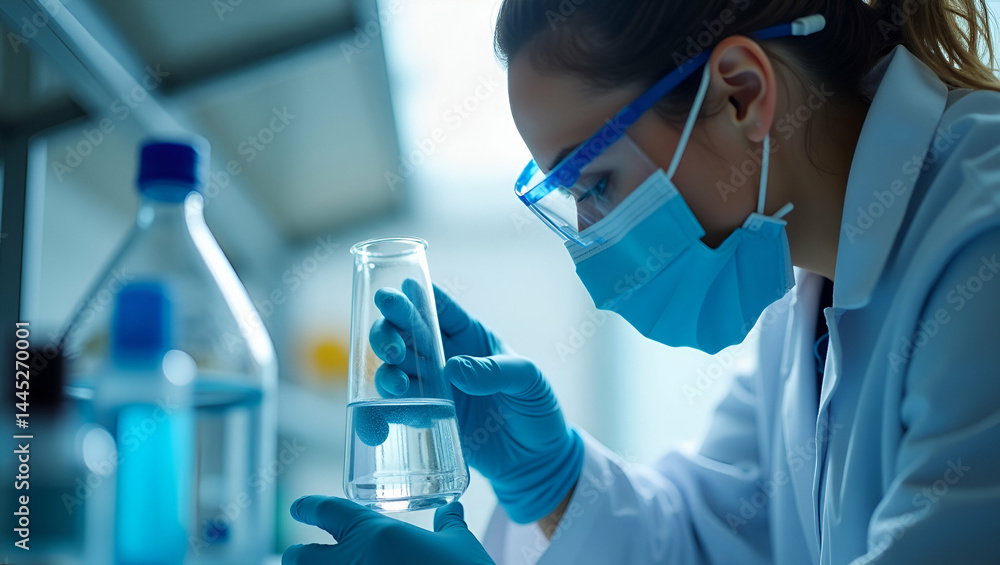 Poster lab technician performing water regulation test by analyzing treated water against epa mcl standards