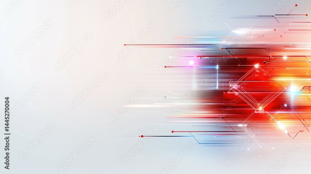 Poster dynamic abstract design with vibrant red and orange lines and geometric shapes.
