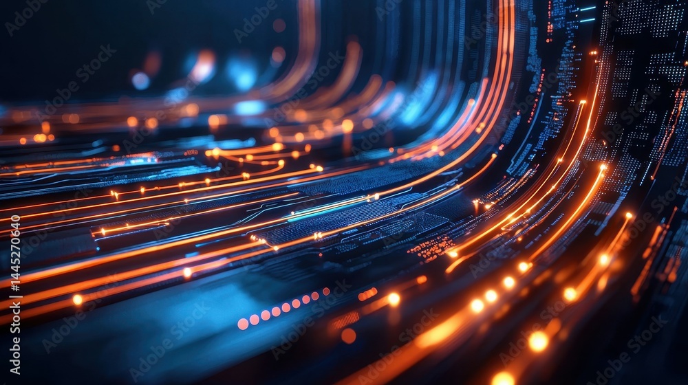 Aufkleber abstract digital technology with glowing lines and data patterns in blue and orange hues.