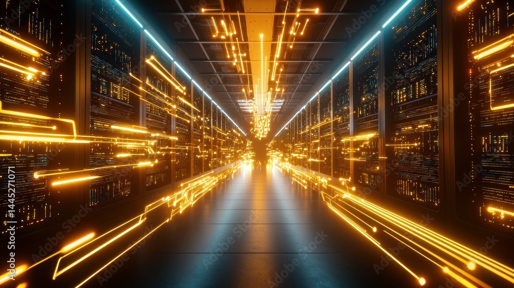 Poster futuristic data center with glowing lines representing data flow.