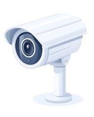 A white, cylindrical security camera with a protective cover, mounted on a small stand