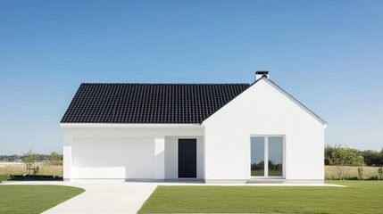 Obraz premium Modern, single-family home exterior, pristine white facade, dark roof, and manicured lawn