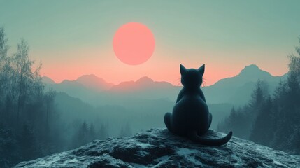 Cat Silhouette Watching Sunset Over Majestic Mountain Landscape