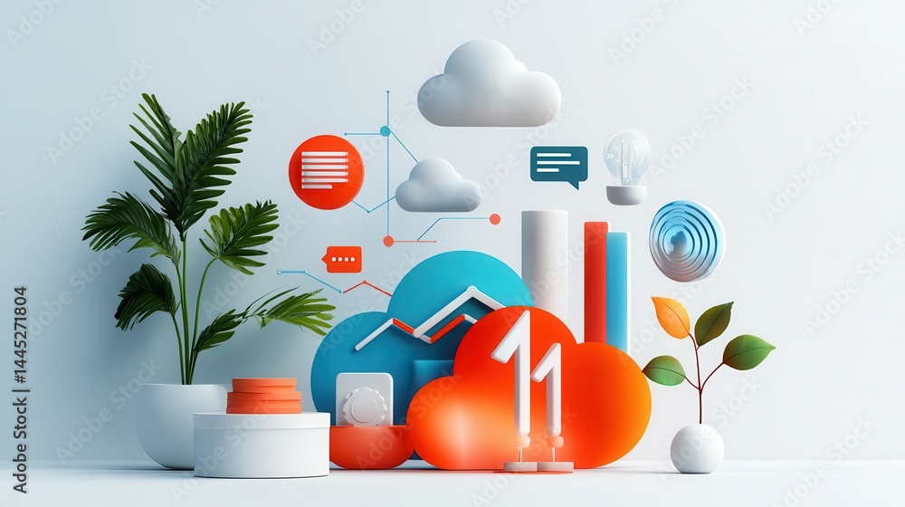 Poster colorful abstract composition with symbols of technology and data analysis.