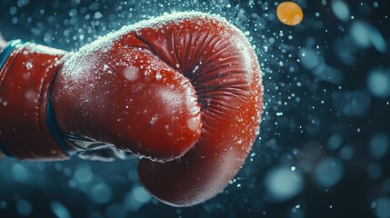 Close-Up of Red Boxing Glove with Droplets and Dark Background