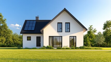 Modern White House with Solar Panels and Green Lawn