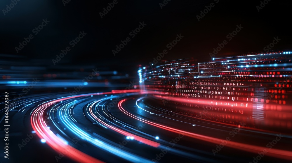 Poster abstract digital background with glowing blue and red lines on a dark backdrop.