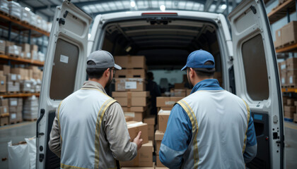 Two delivery workers are unloading boxes from back of van in warehouse setting, showcasing teamwork and logistics in action