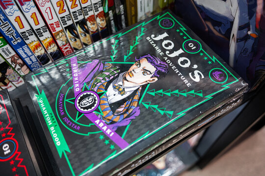 Illustrative cover of JoJo's Bizarre Adventure manga volume on a bookstore shelf