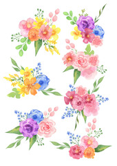 Watercolor set of flowers bouquets