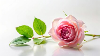 A delicate pink rose stem with a few tender leaves and green shoots emerging from the base