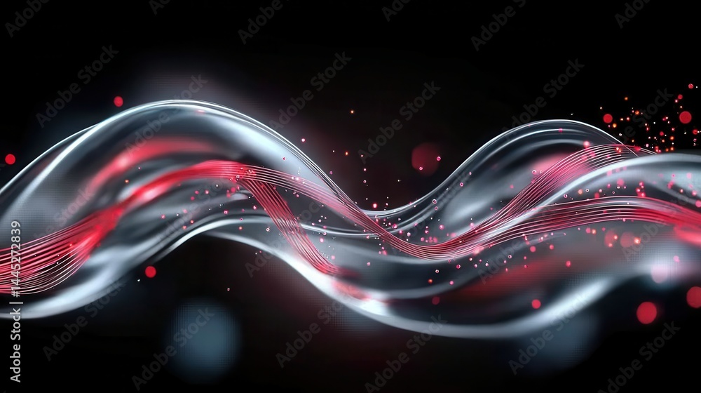 Poster abstract wave patterns in silver and red create a dynamic visual atmosphere.