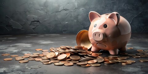 A broken piggy bank with a cracked lid and spilling coins on a dark gray background, surrounded by scattered money and bills , cracked lid, broken piggy bank