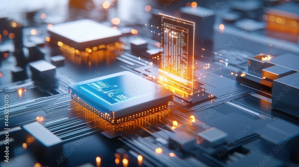 Poster futuristic circuitry with glowing microchips and data flow, showcasing technological advancement.