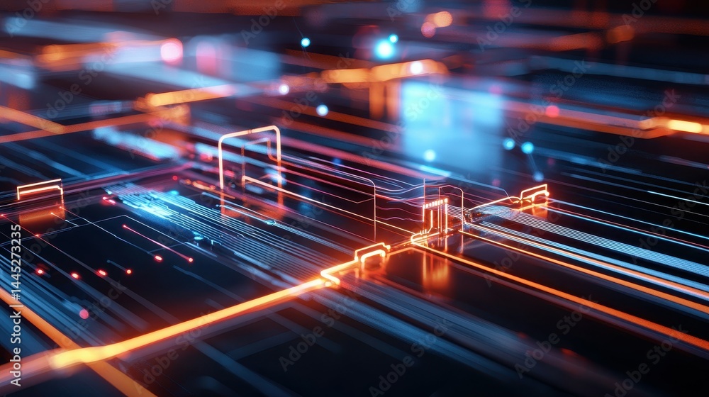 Poster abstract futuristic digital circuit design with glowing neon lines.
