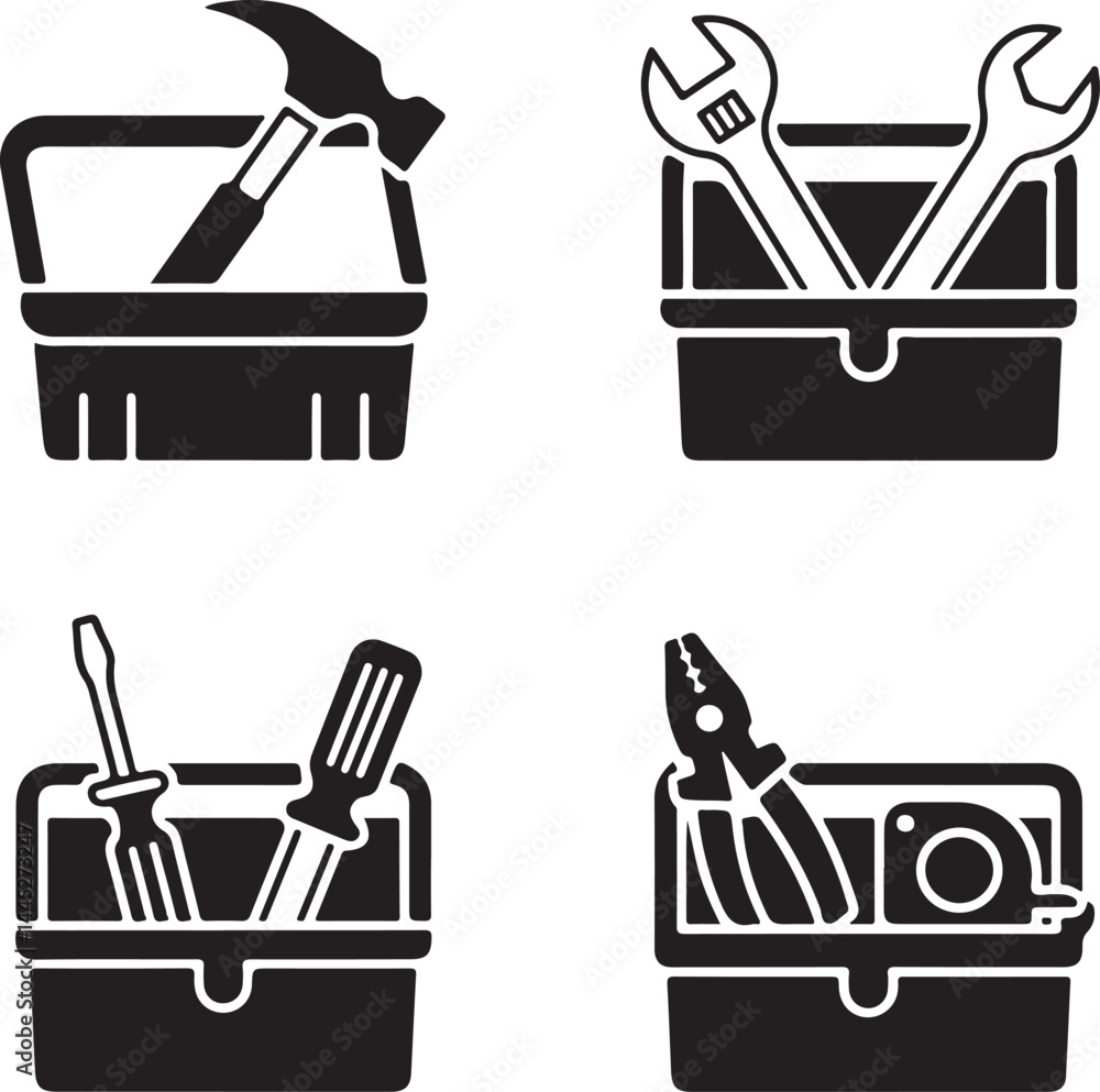 Poster four toolboxes with different tools icon set