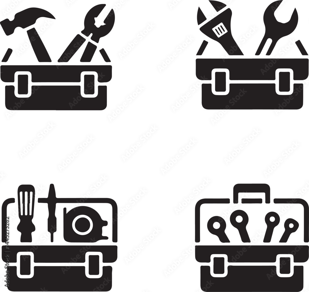 Poster four toolboxes with different tool icons set