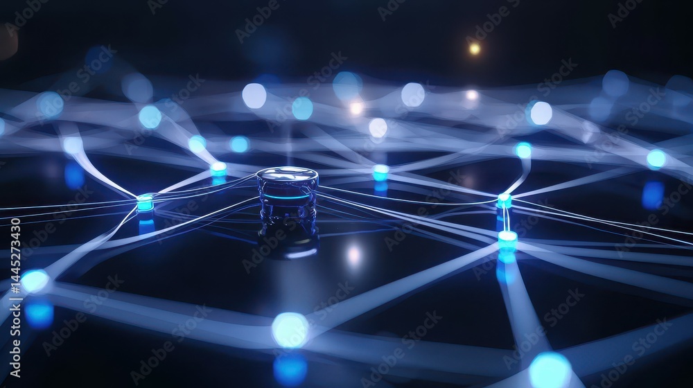 Poster abstract digital network with glowing blue lights and interconnected nodes.