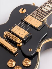 Black electric guitar with gold hardware, showcasing pickups, bridge, and controls