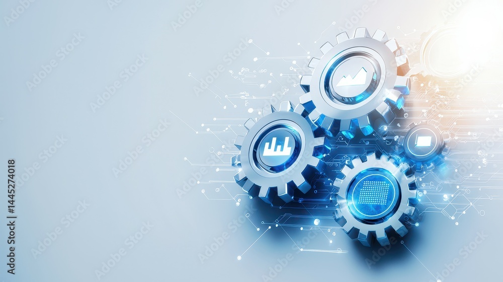 Poster metallic gears with digital icons and graphs, symbolizing technology and innovation.