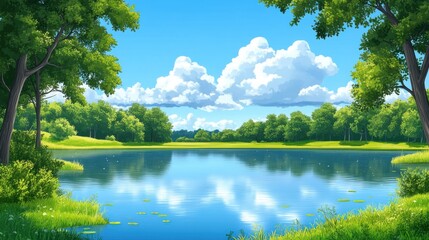 Serene Landscape with Crystal Clear Lake and Lush Greenery Under Clouds