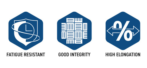 Fatigue resistant, Good integrity, High elongation - Aramid fibers benefits icons set