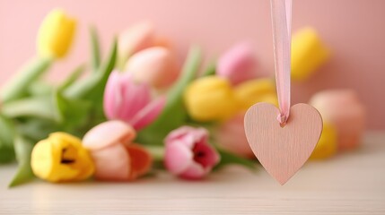 Pink heart tag hanging in front of soft multicolored tulip bouquet with pastel pink background, dreamy floral scene for romantic spring greeting card or celebration template, Selective Focus