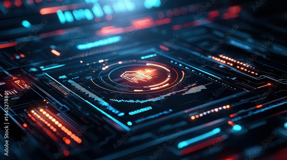 Poster futuristic data visualization with glowing neon elements and digital grid patterns.