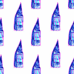 Children's drawing. Simple seamless pattern with the image of a blue house with a high roof and a pink window. Hand drawn illustration on white background for design of packaging, fabric, notebooks