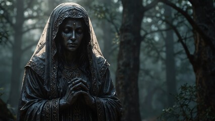 A statue of Macaria, the goddess of peaceful death, cloaked in the veil of sleep, guarding final dreams