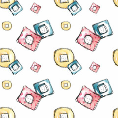 First aid supplies. Watercolor simple seamless pattern with pink, yellow and blue bandages of round and square shape. Hand drawn on white background for design of fabric, banners, notebooks