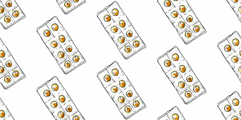 Medicines. Round yellow tablets in a blister. Simple watercolor pattern. Hand drawn image on a white background for packaging design, stickers, notebooks, fabric