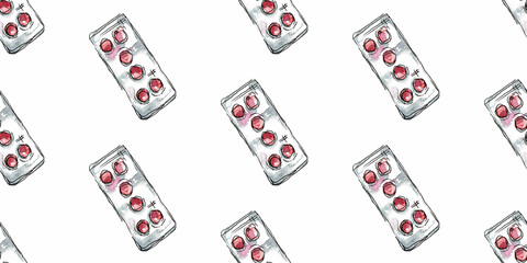 Medicines. Watercolor simple seamless pattern with gray blister with red round pills. Hand drawn on white background for design of fabric medical clothing, packaging, advertising, wrapping paper