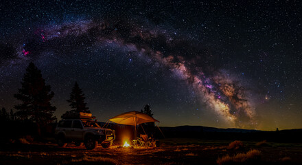 Nighttime camping scene with an off-road vehicle under starry sky, 8K ultra clear